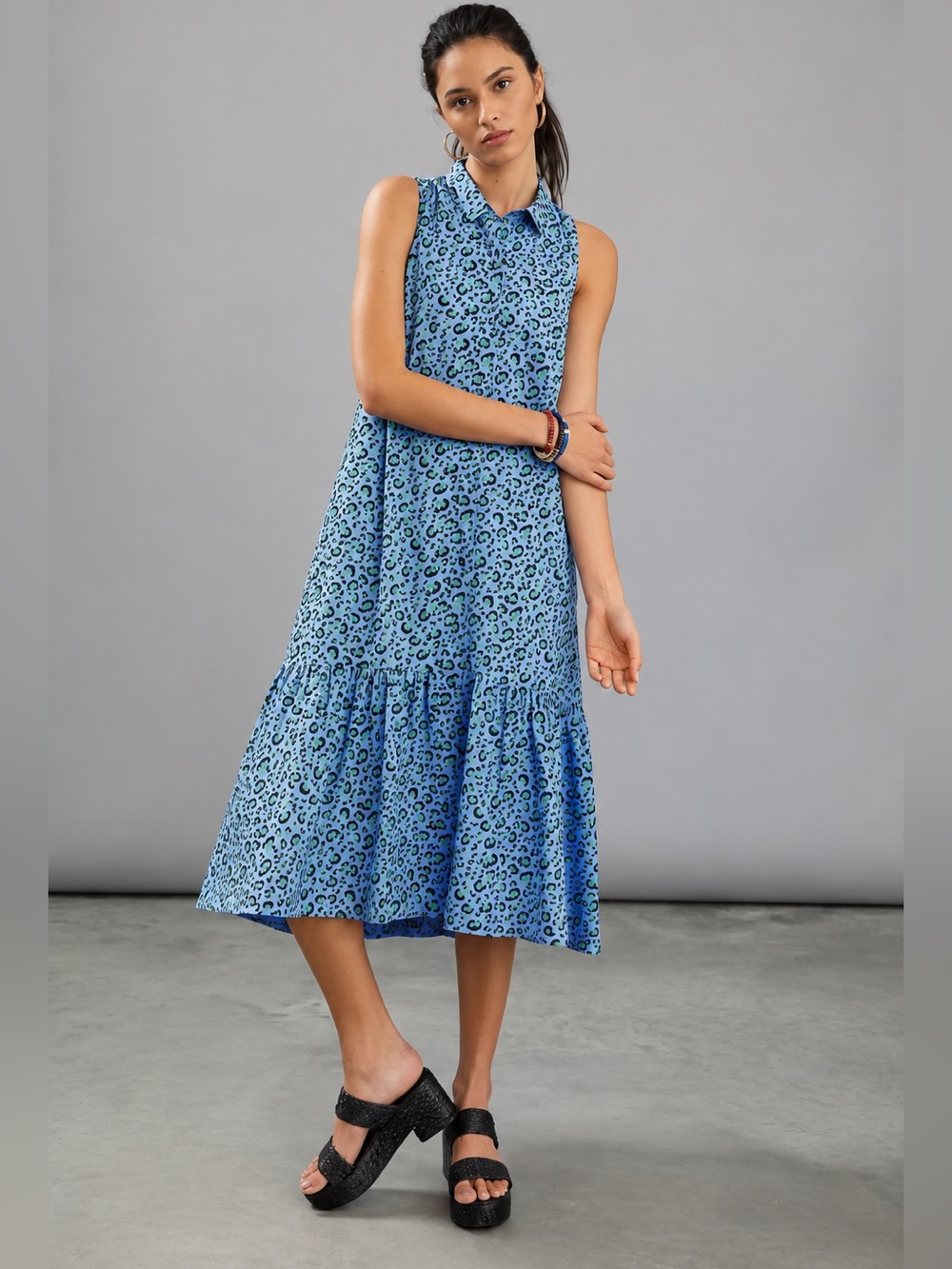 Maeve Anthropologie Paola Flounced Cotton Midi Dress Blue Leopard Pockets Medium